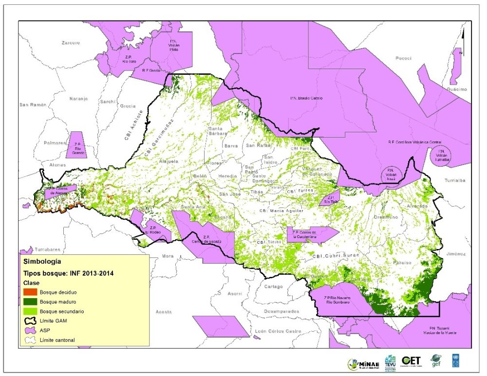 Figura 3. Delimitación de la Zona de Vida del BHP en la GAM y cobertura boscosa presente según el mapa de tipos de bosque del INF.